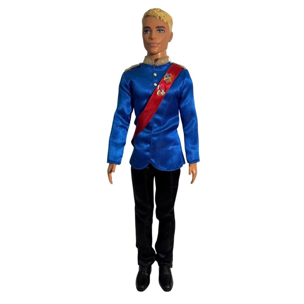 Prince Ken Doll Blonde Hair Blue Satin Royal Outfit Red Sash Medals Shoes FJF72